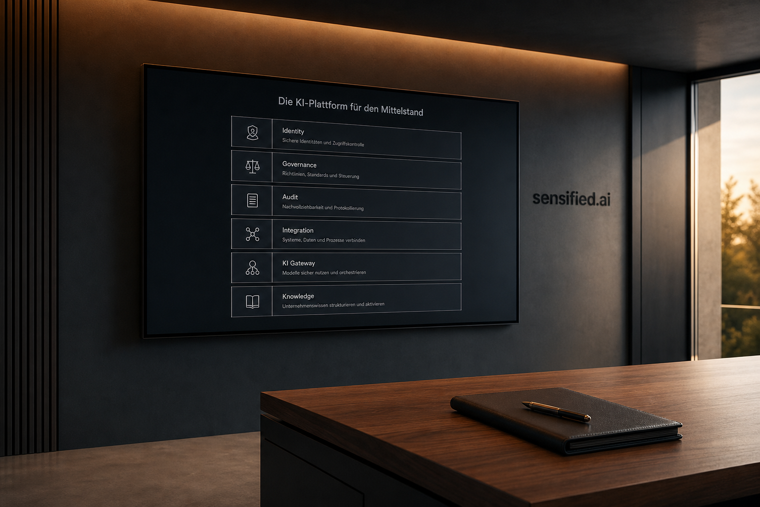 AI-native Geschäftsmodell: Architektur der sensified Enterprise-KI-Plattform mit Identity, Governance, Audit, Integration, KI-Gateway und Knowledge für den deutschen Mittelstand
