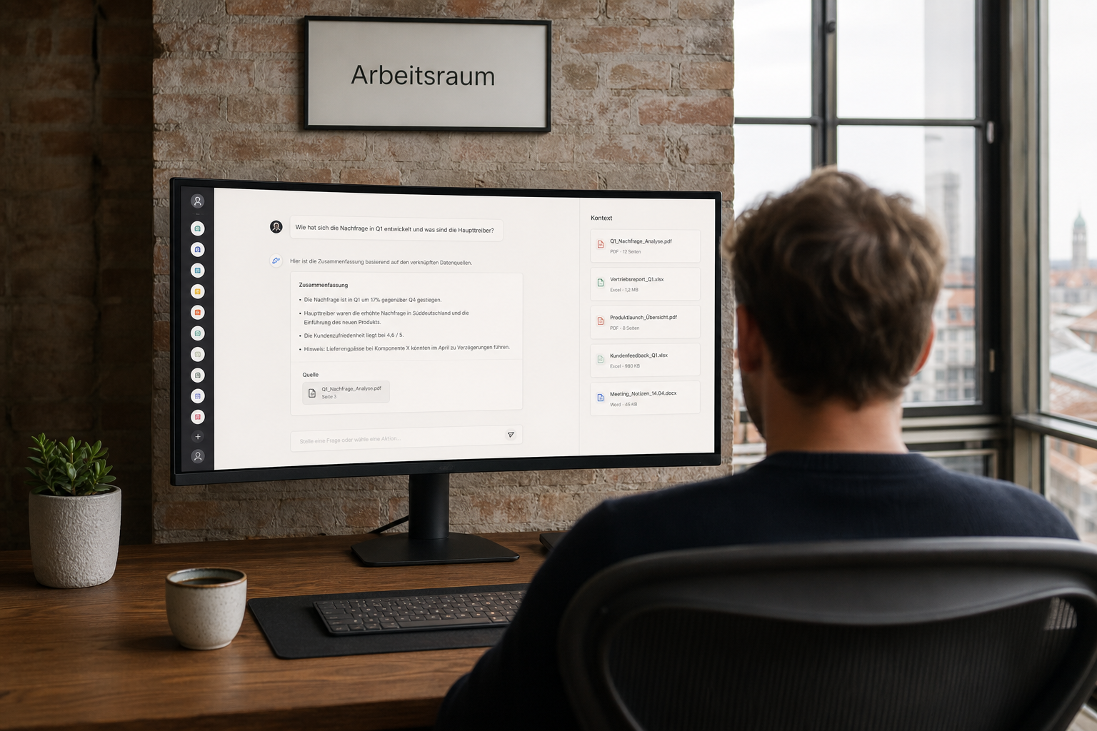sensified Arbeitsraum als unifizierte KI-Plattform für den Mittelstand: KI-Assistent mit Quellenangabe, Connectoren-Rail und Kontextpanel statt fragmentierter Einzeltools
