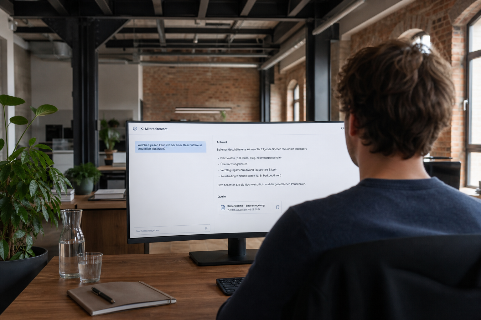 Mitarbeiter im Mittelstand fragt den KI-Mitarbeiterchat zur Reisekostenregelung und erhält eine strukturierte Antwort mit Quellenangabe – sensified internes Wissensmanagement