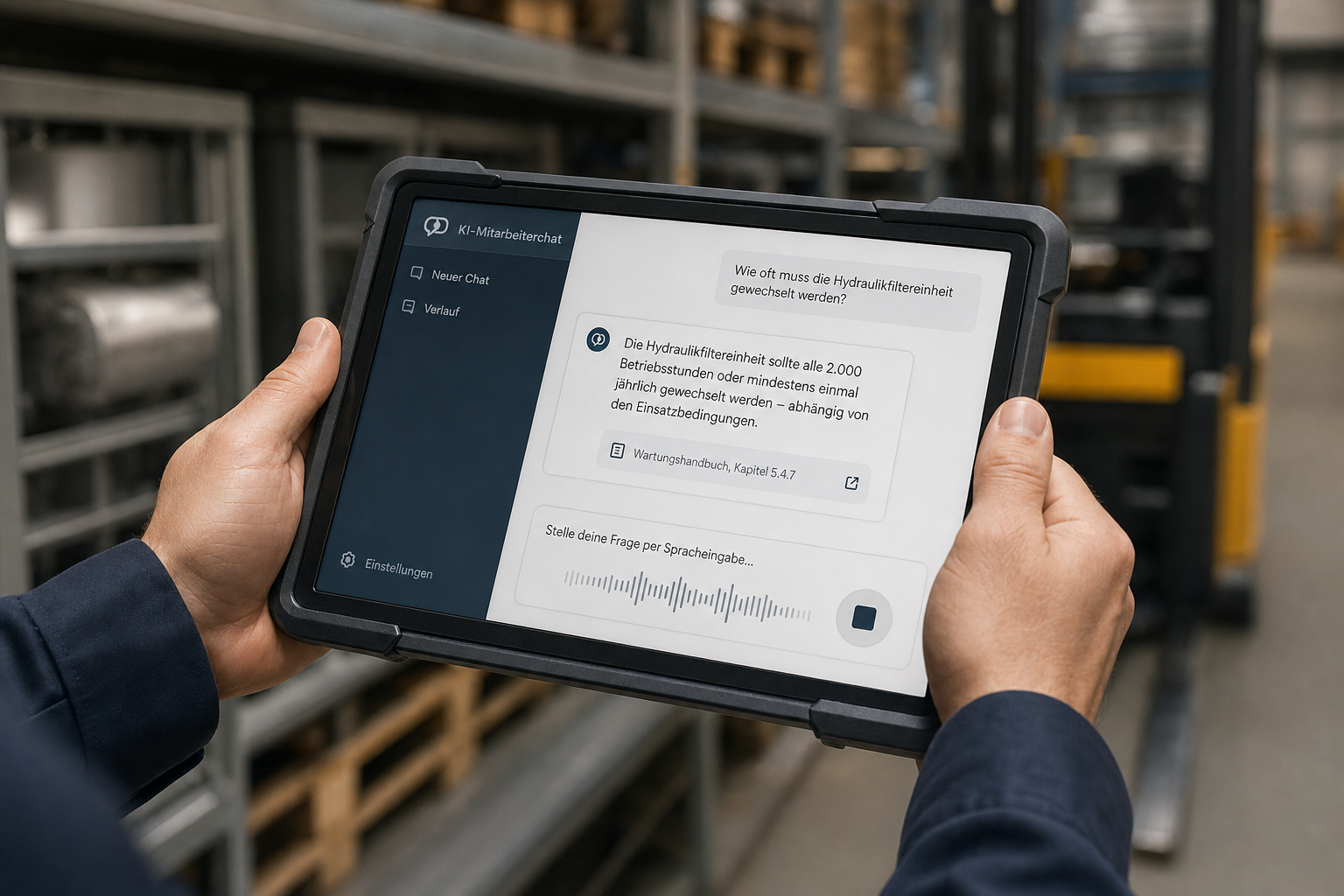 Service-Mitarbeiter im Lager stellt per Spracheingabe eine Wartungsfrage an den sensified KI-Mitarbeiterchat und erhält die Antwort mit Verweis auf das Wartungshandbuch