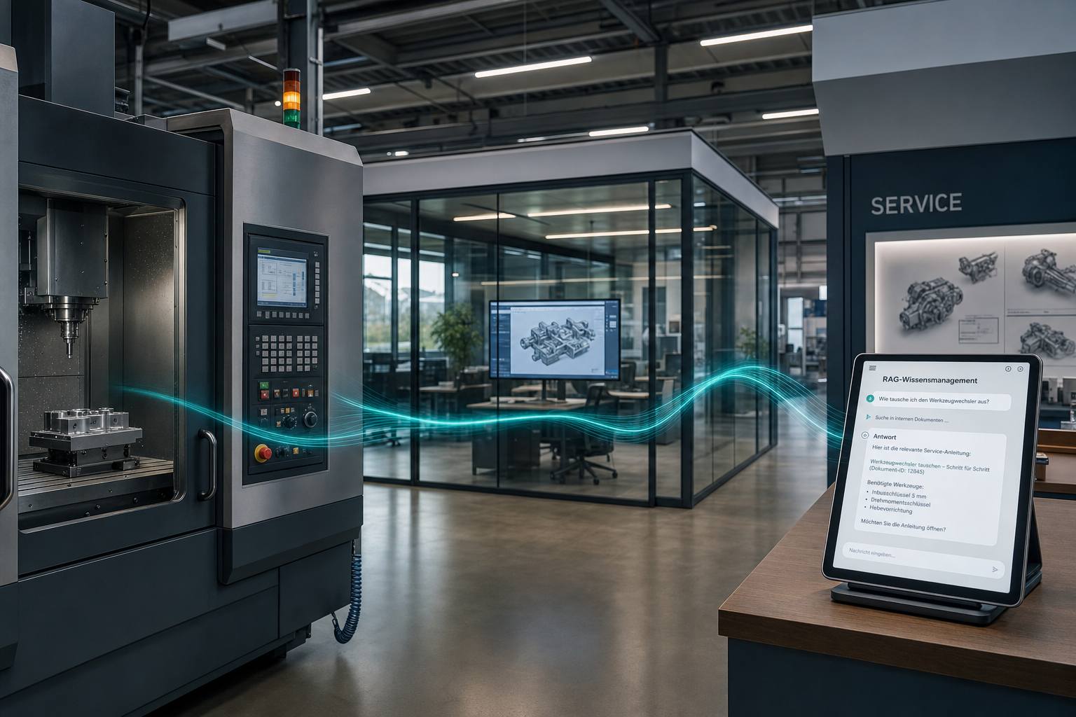 RAG-Wissensmanagement im Maschinenbau verbindet CNC-Produktion, CAD-Konstruktion und Service-Desk über eine gemeinsame Wissensplattform – sensified