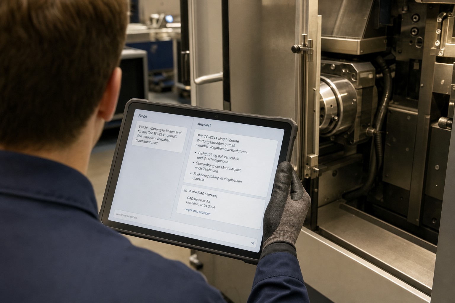 Service-Techniker im Maschinenbau ruft per RAG-Chat die Wartungsanleitung zu Bauteil TG-2241 mit CAD-Revision und Service-Logeintrag ab – sensified