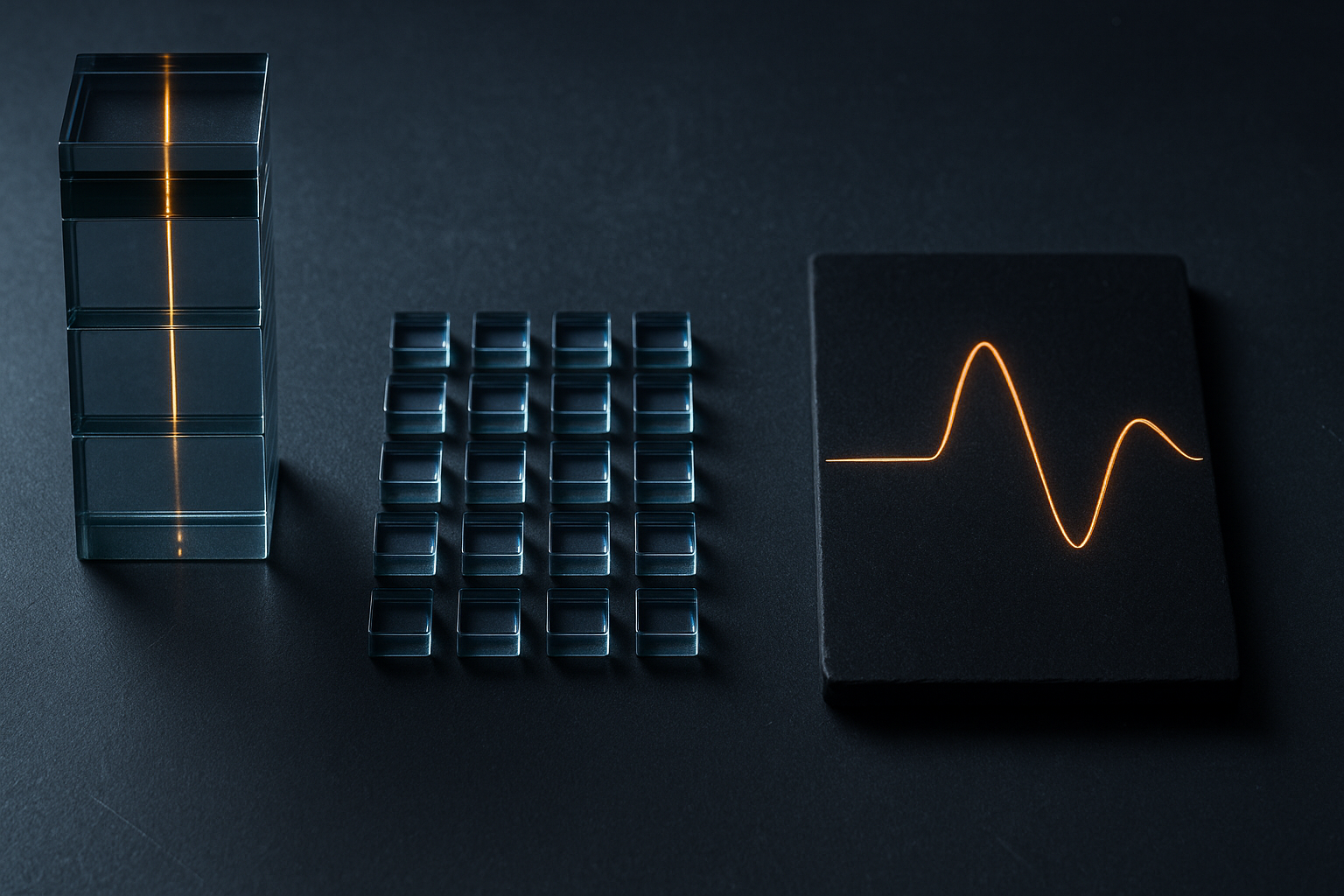 Geschichtete Glasplatten mit lückenlosem Lichtfaden, Reihen feiner Glaskacheln als IKT-Asset-Register nach Artikel 8 DORA und ein feines Sinus-Signal als Model-Drift-Indikator: das vollständige Compliance-Bild einer aufsichtskonformen KI-Wissensbasis für Banken und Versicherer in einem Frame