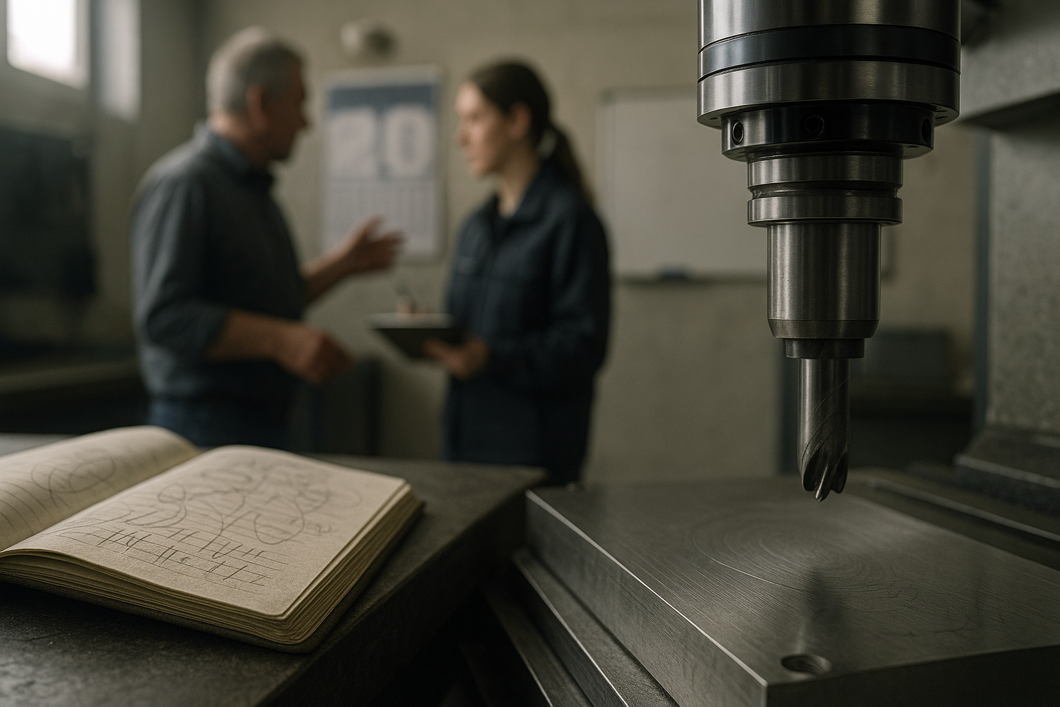 Generationswechsel im deutschen Mittelstand: erfahrener Mitarbeiter übergibt implizites Erfahrungswissen vor Renteneintritt an jüngere Kollegin in einer Werkstatt mit CNC-Maschine, im Hintergrund leeres Wiki und Onboarding-Notizbuch — KI-Knowledge-Backbone sichert das Wissen für Maschinenbau, Pharma und Stadtwerke vor dem Boomer-Abgang