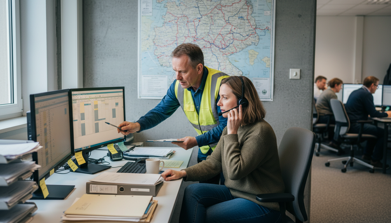 Disposition-Team eines Industriedienstleisters bei der Tagesplanung, Mittelstand-Arbeitsalltag