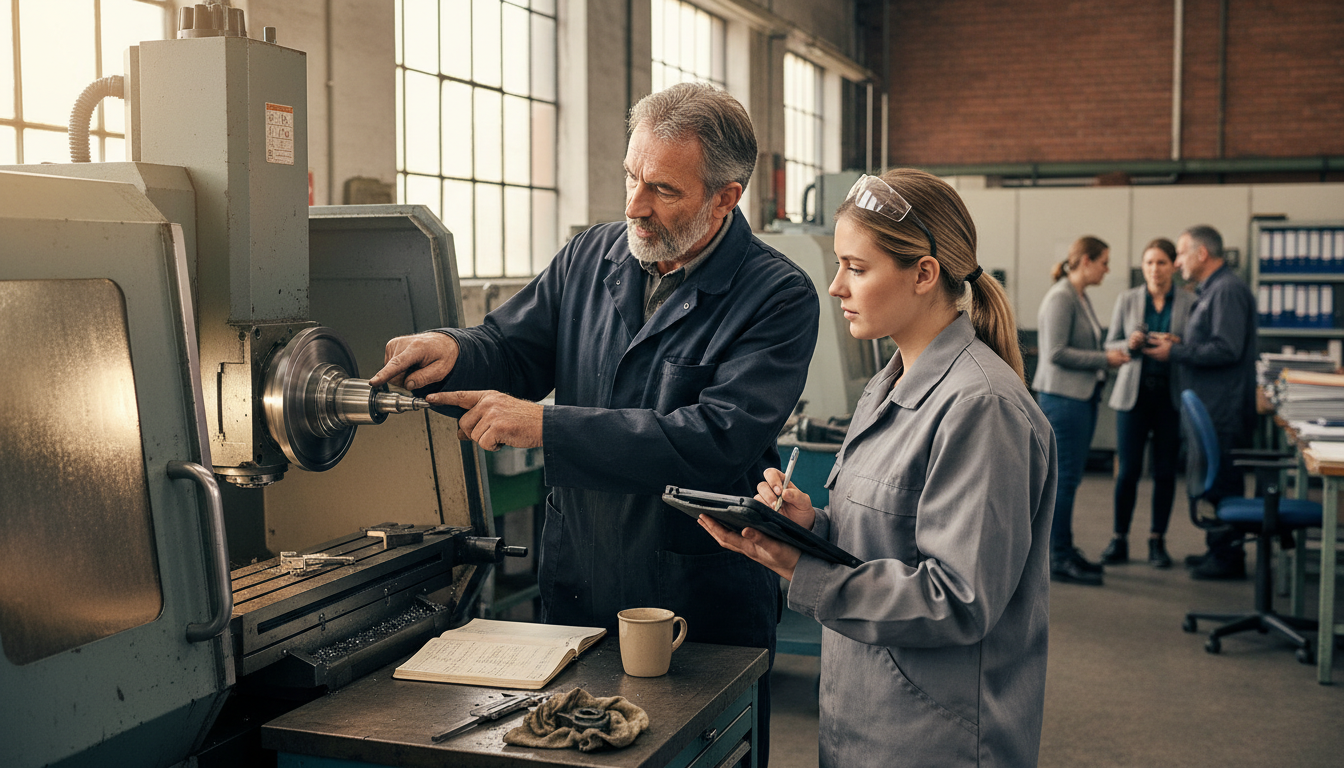 Service-Techniker im Maschinenbau-Mittelstand übergibt Erfahrungswissen an jüngere Kollegin an einer realen Werkbank