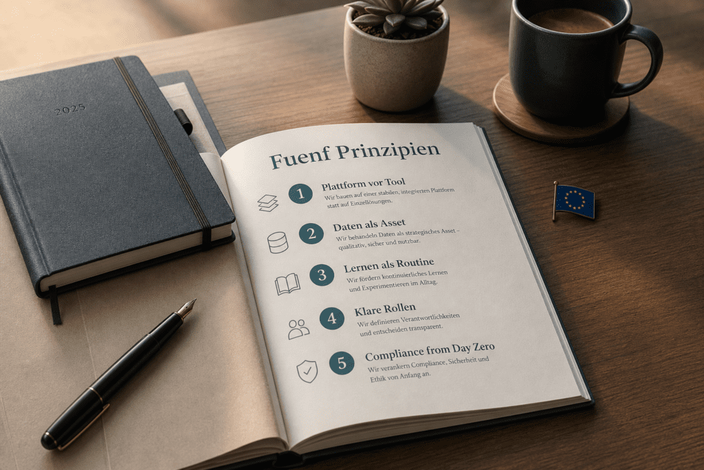 Fuenf AI-First Prinzipien in einem Leadership-Handbuch auf einem Mittelstand-Schreibtisch