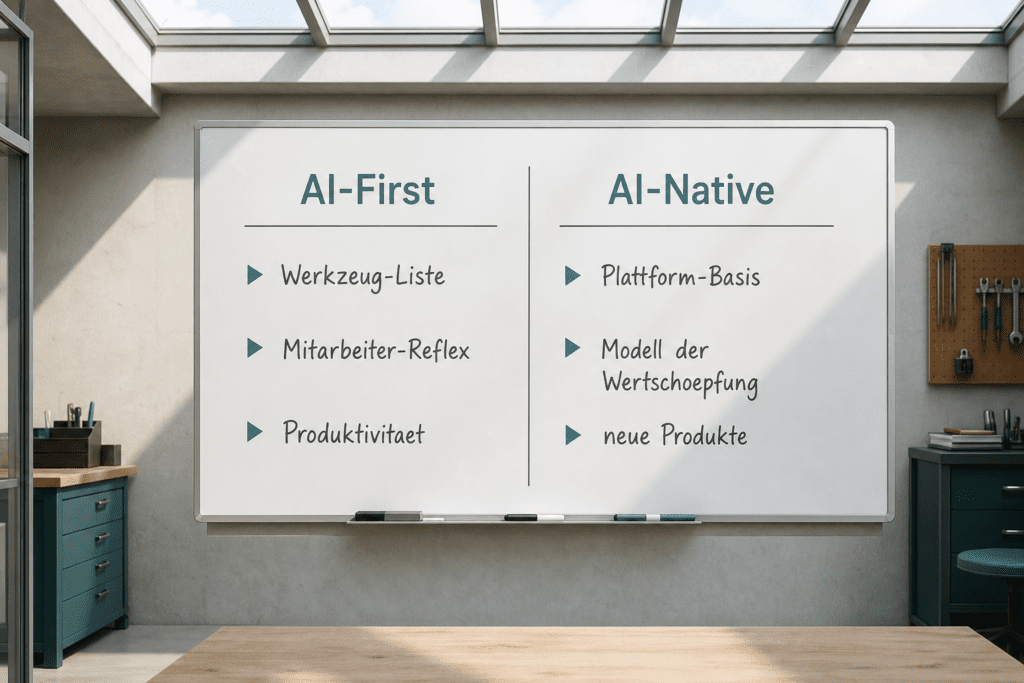 AI-First versus AI-Native Vergleichs-Whiteboard mit Werkzeug versus Plattform Gegenueberstellung