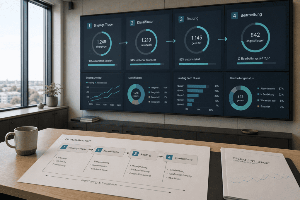KI-Agenten-Pipeline Dashboard mit vier Stufen von Eingangs-Triage bis Bearbeitung