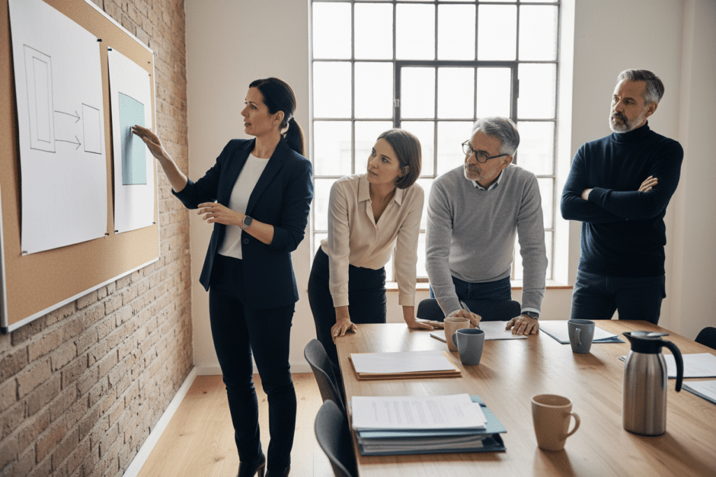Beirats-Runde im deutschen Mittelstand diskutiert AI Native und AI Augmented an Pinnwand mit zwei Architektur-Diagrammen