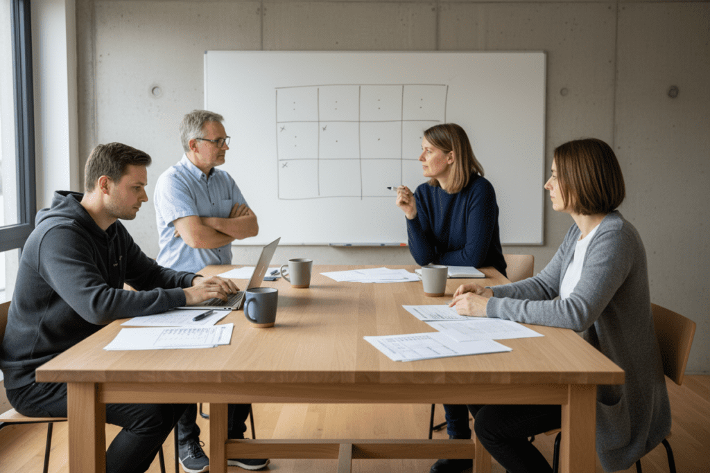 Mittelstands-Workshop füllt das Reifegrad-Modell über zwölf Felder ehrlich am Whiteboard aus