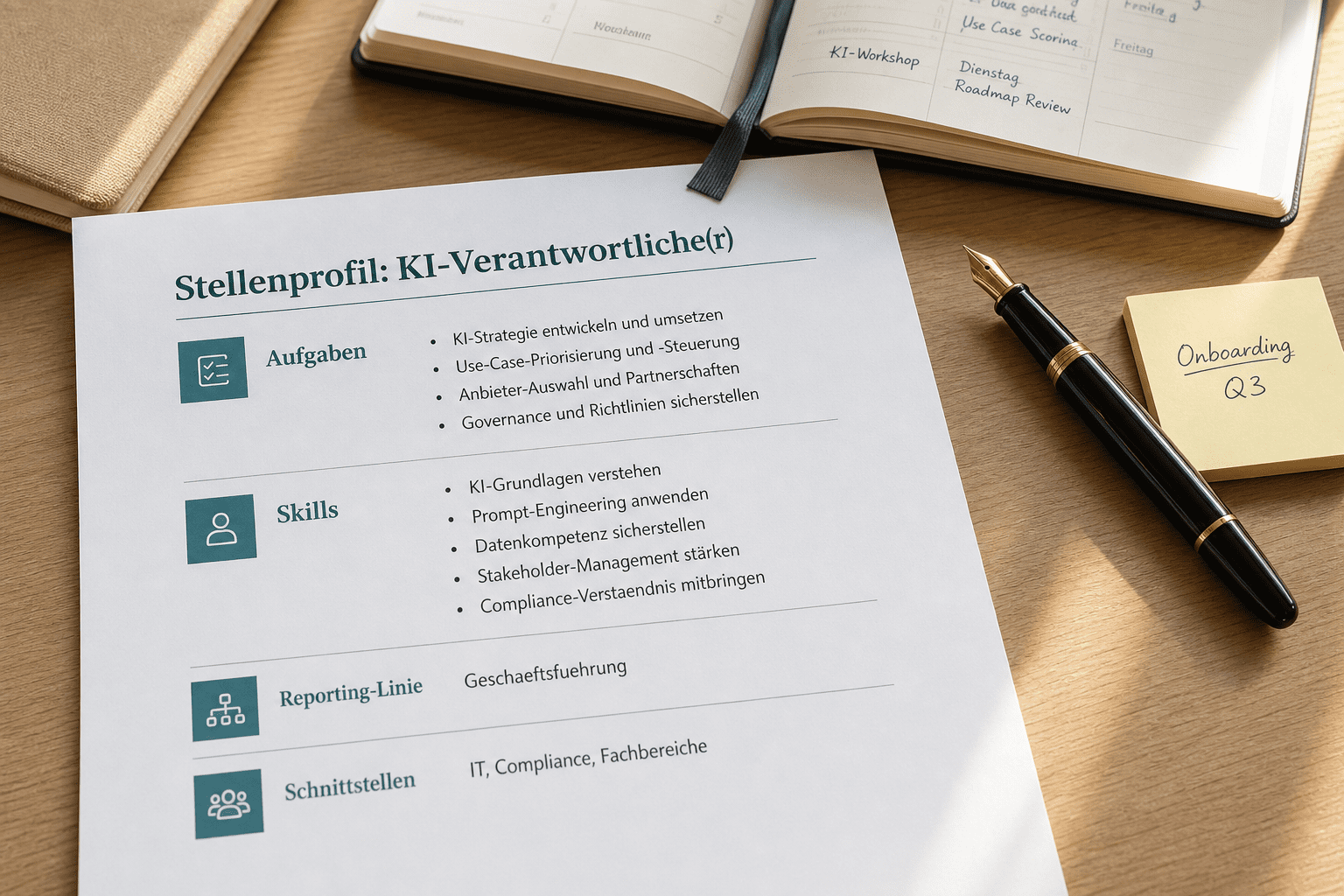 Stellenprofil KI-Verantwortliche mit Aufgaben, Skills, Reporting-Linie und Schnittstellen
