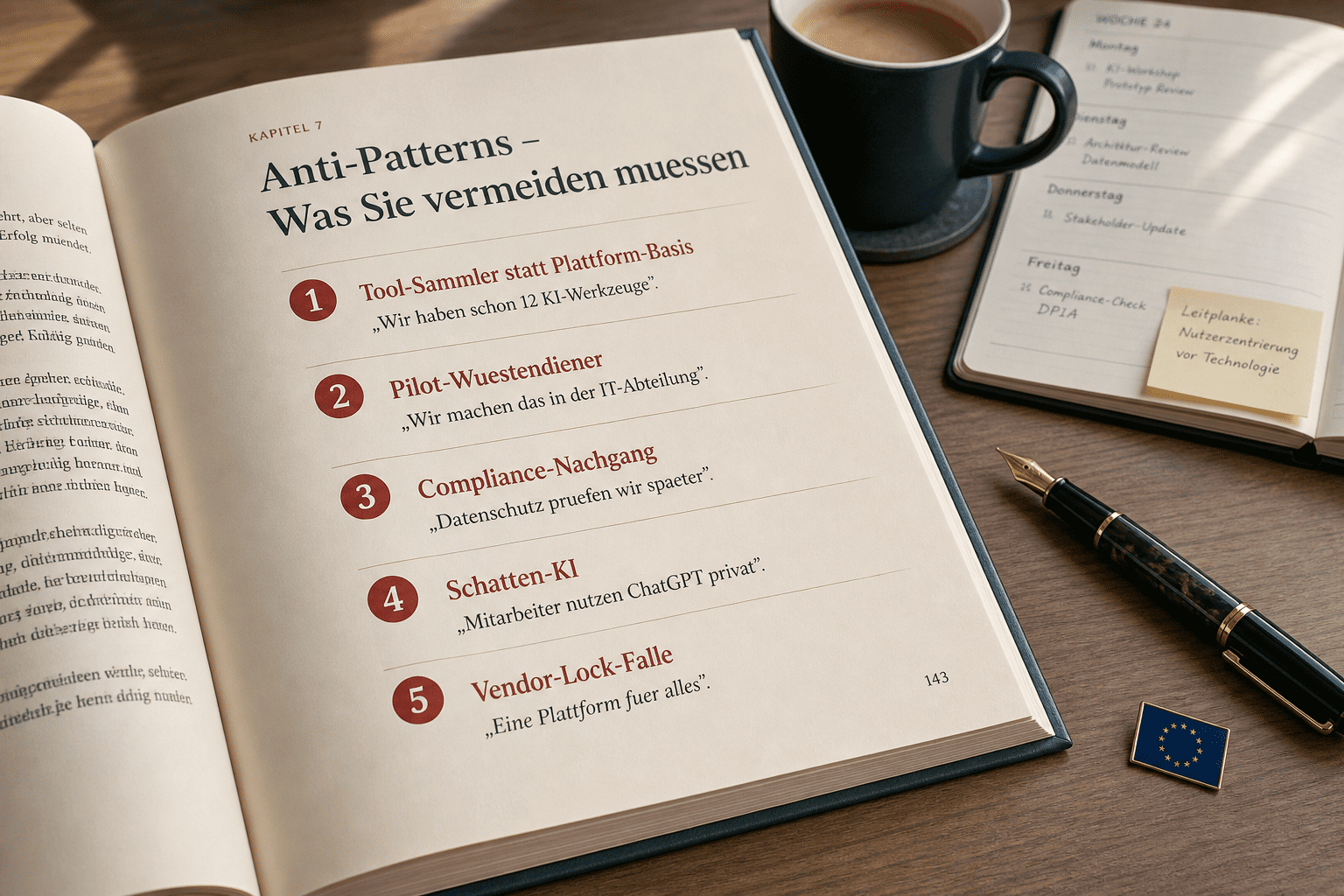 Buchseite mit fuenf Anti-Patterns der KI-Einfuehrung im Mittelstand