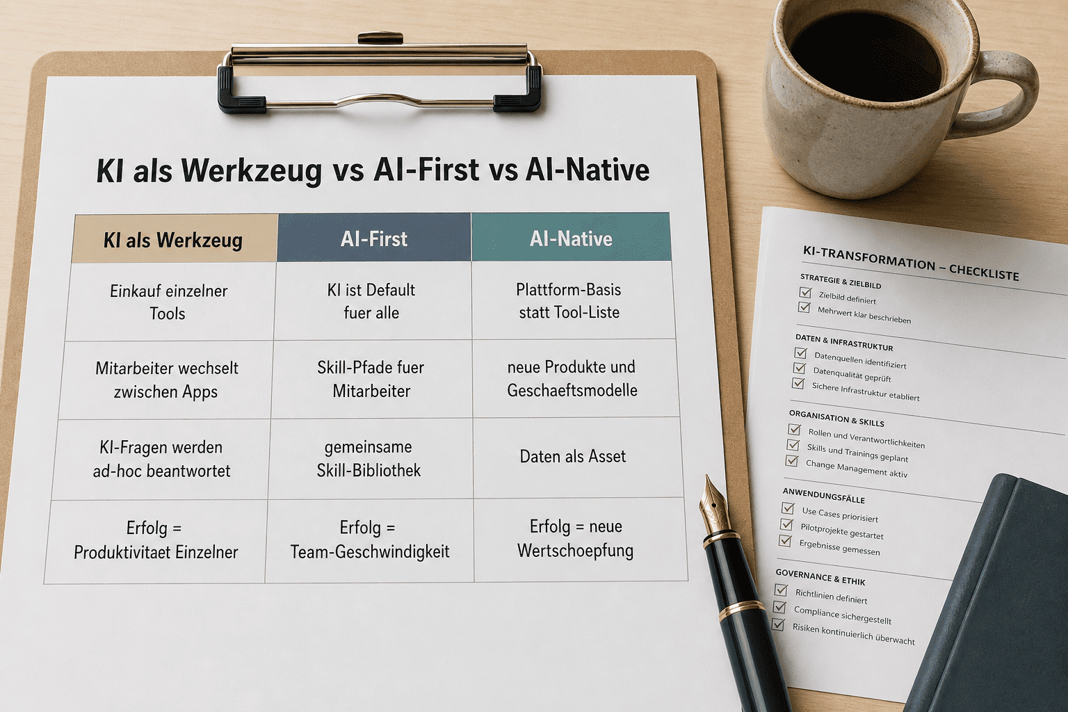 Drei-Spalten-Vergleich KI als Werkzeug, AI-First und AI-Native fuer den Mittelstand