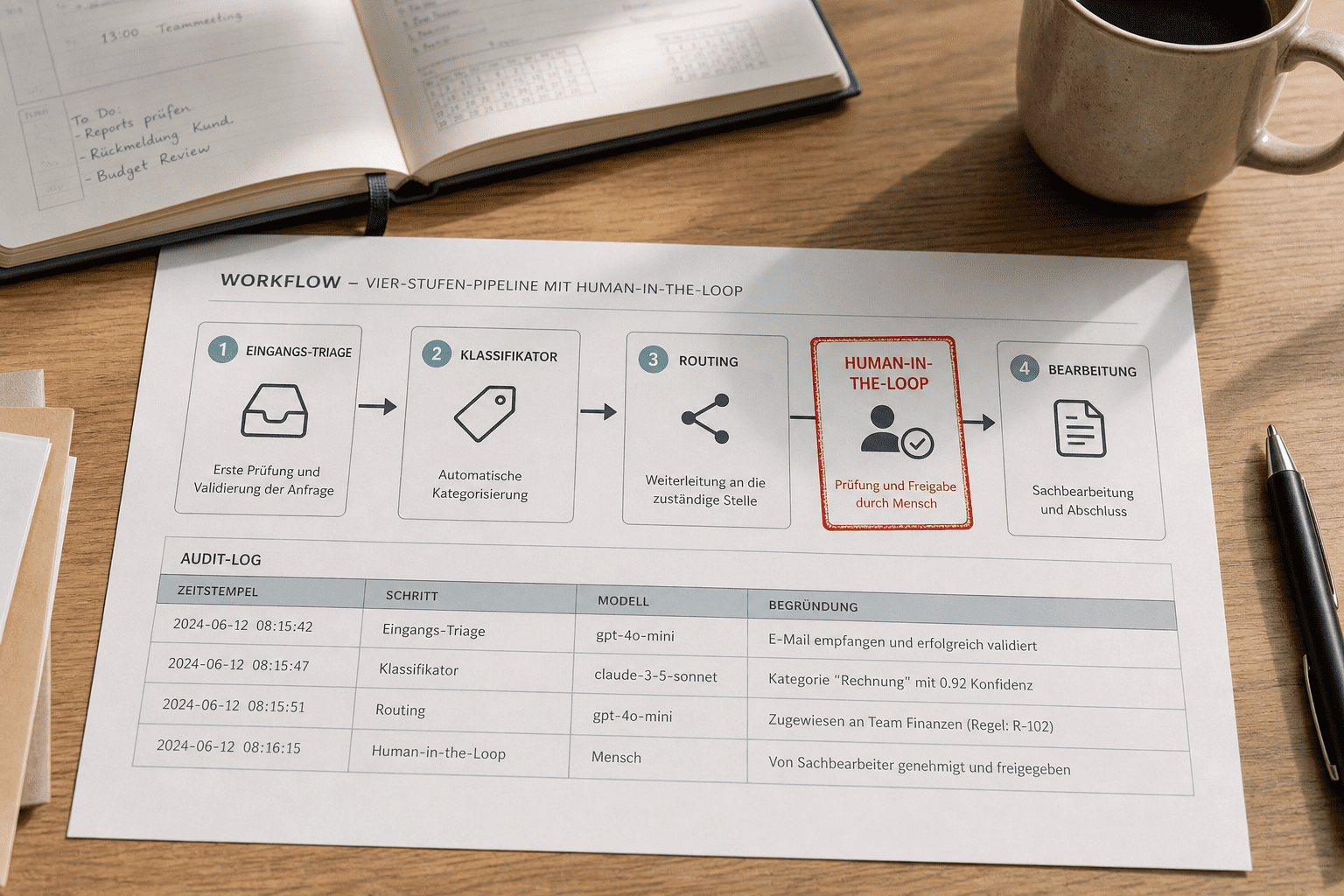 Vier-Stufen-Pipeline mit Human-in-the-Loop und vollstaendigem Audit-Log
