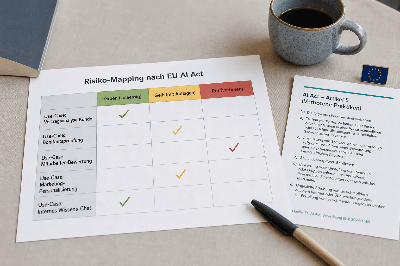 Risiko-Mapping nach EU AI Act mit Gruen-Gelb-Rot Stufen fuer typische Mittelstand-Use-Cases