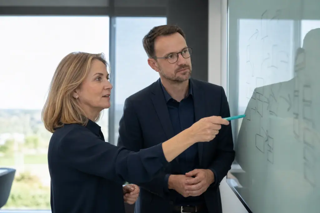 Geschäftsführung und IT-Leitung entwickeln gemeinsam eine KI-Roadmap für den Mittelstand an einer Übersichtswand