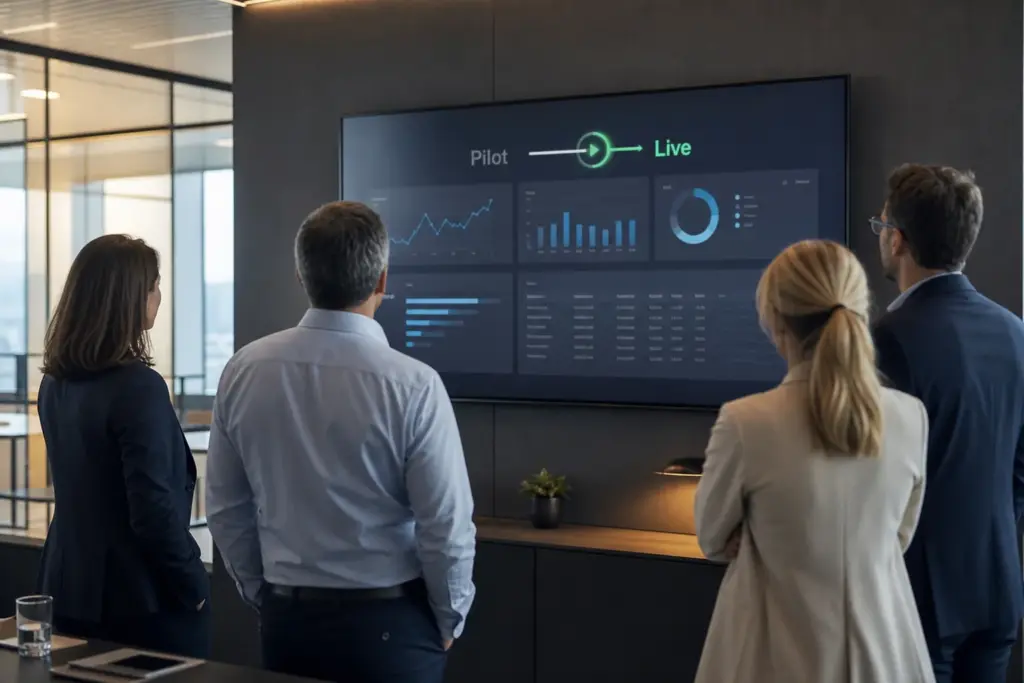 Ein Team im Mittelstand überführt einen KI-Piloten auf einem Dashboard vom Teststatus in den produktiven Live-Betrieb
