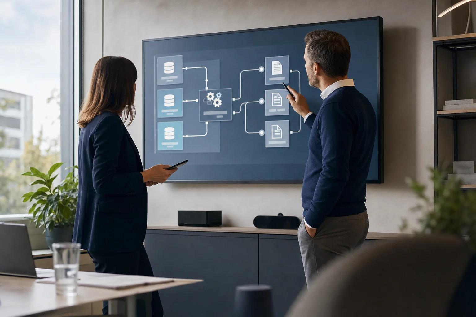 Zwei Fachleute besprechen die Integration einer KI in ERP-, CRM- und Dokumentensysteme an einem Schaubild