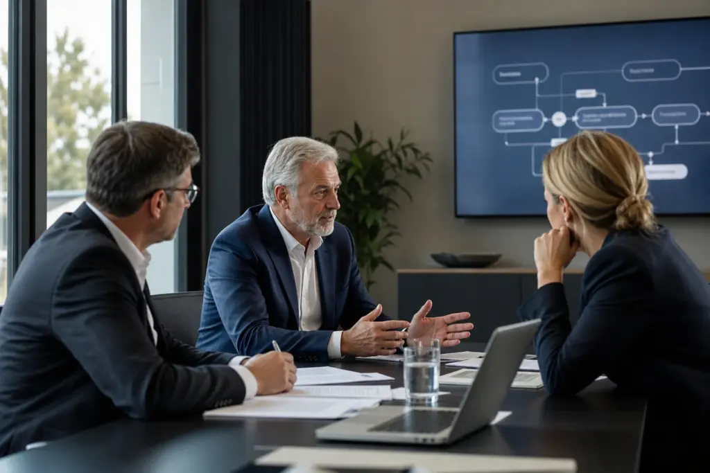 Ein erfahrener Strategic AI Lead arbeitet als Sparringspartner auf Augenhöhe mit Geschäftsführung und IT-Leitung im Mittelstand