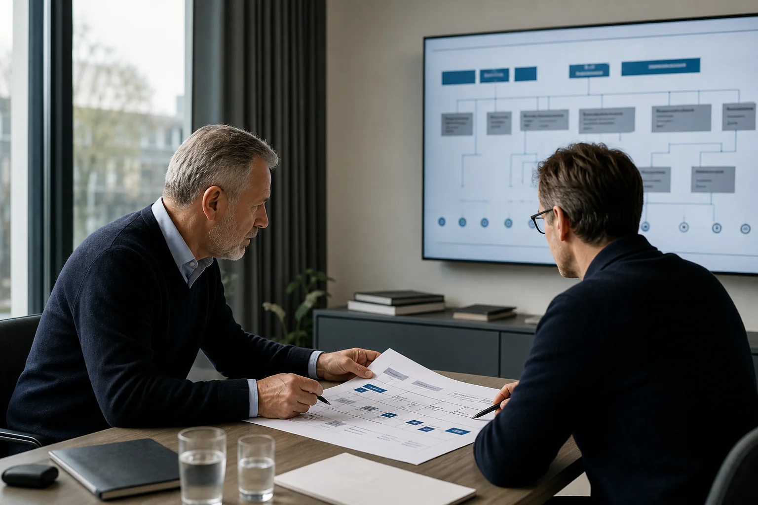 Ein Senior Lead und ein Domänenexperte arbeiten gemeinsam an einem KI-Verantwortungsplan im Mittelstand