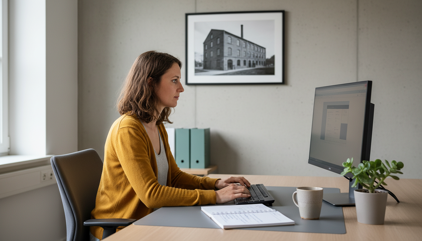 Marketing-Mitarbeiterin im Mittelstand nutzt ein einzelnes KI-Werkzeug am eigenen Schreibtisch, ohne Plattform-Integration