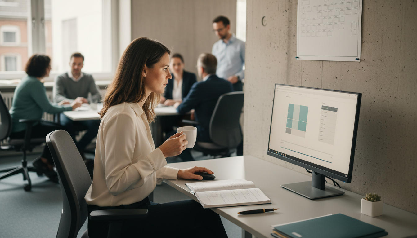 Mittelstands-Mitarbeiterin nutzt eine offizielle KI-Funktion in der Plattform-Sandbox mit Freigabe-Schritt und Protokoll