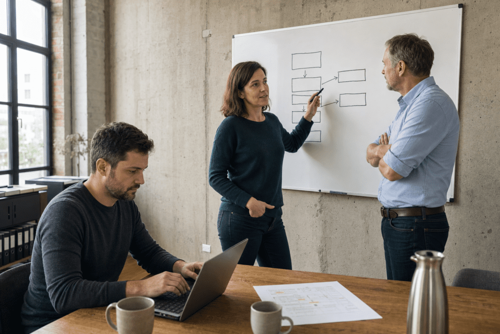IT-Leitung und Geschäftsführung im Mittelstand vergleichen am Whiteboard zwei Anbieter-Pfade für ein KI-Sprachmodell