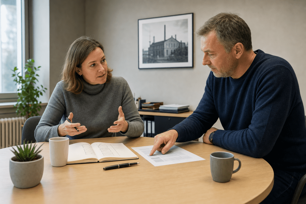 Geschäftsführerin im Mittelstand bespricht mit einem Berater die passende Betriebsform für KI, ohne eigenes Rechenzentrum