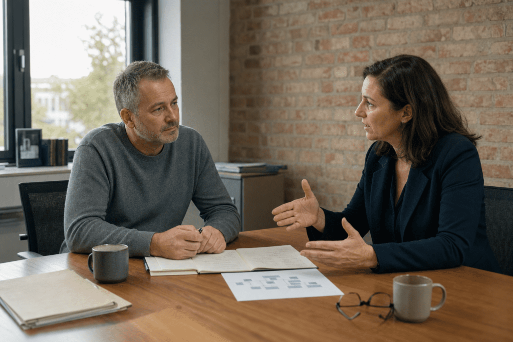 Geschäftsführung und Personalleitung im Mittelstand besprechen am Tisch den Aufwand für den Aufbau eines eigenen KI-Teams