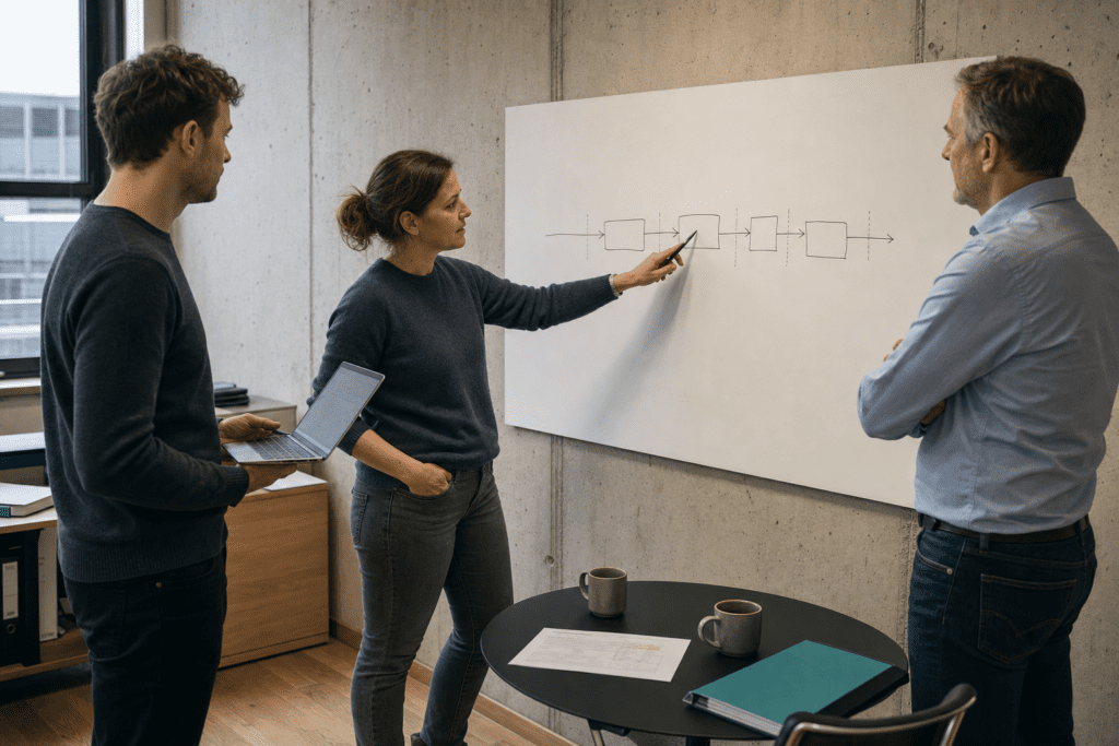 Externe KI-Leitung und internes Team im Mittelstand arbeiten gemeinsam an einer Zeitachse für den Kompetenzaufbau