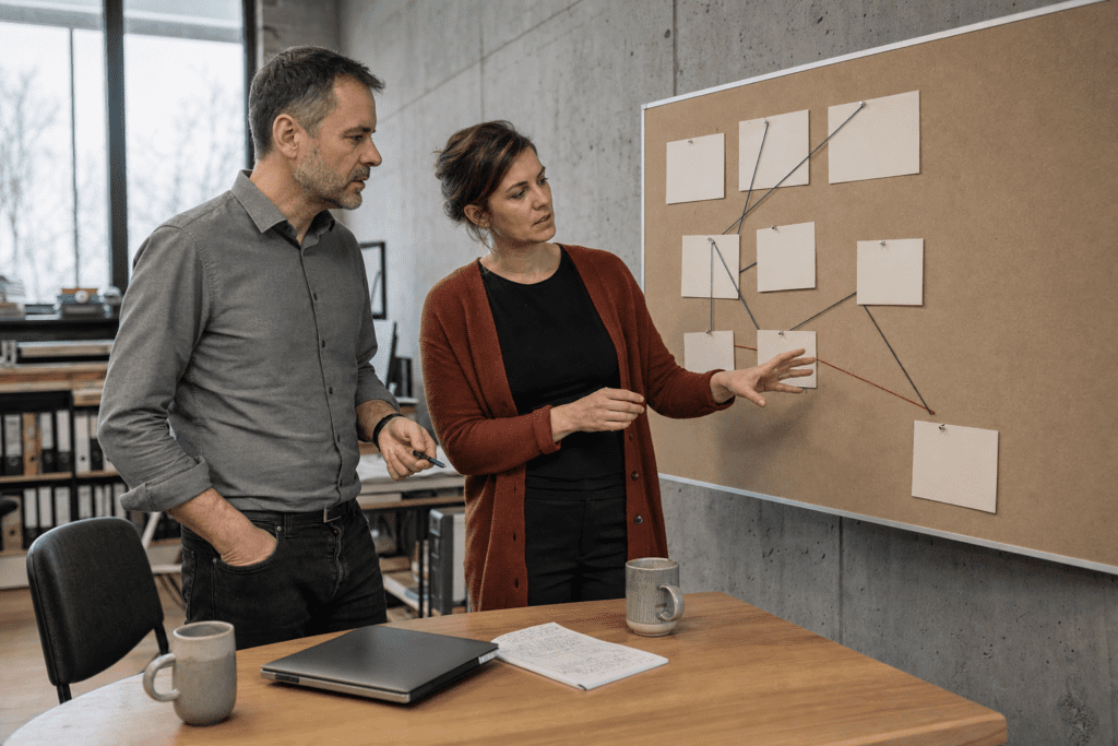 Projektteam im Mittelstand analysiert an einer Pinnwand die Ursachen eines gescheiterten KI-Piloten