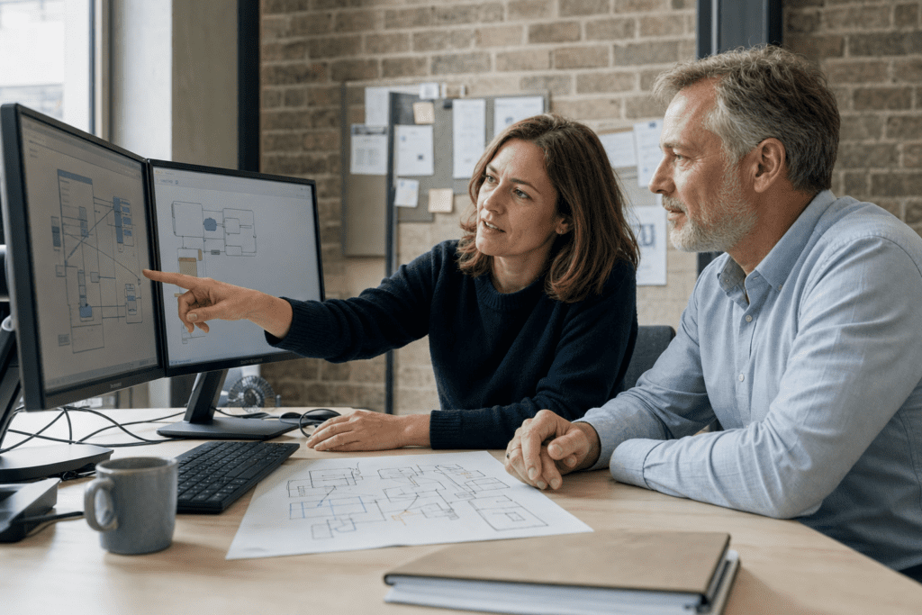 IT-Verantwortliche im Mittelstand planen am Bildschirm die Datenanbindung eines KI-Prototyps an bestehende Systeme