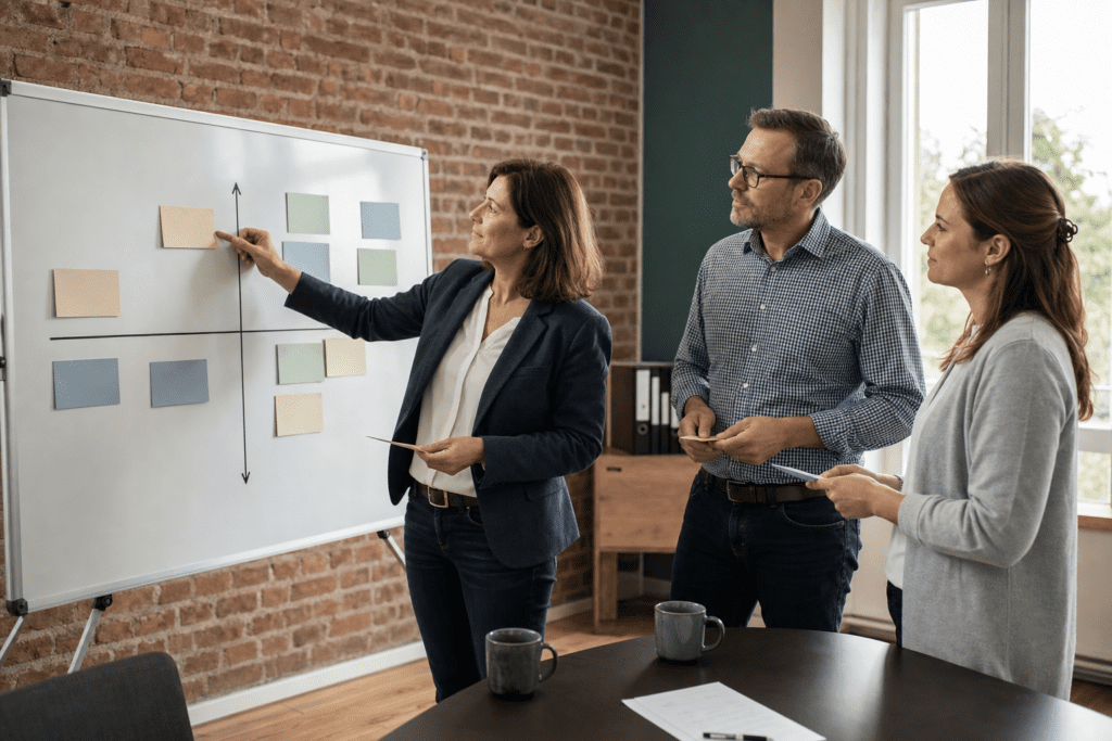 Führungsteam im Mittelstand priorisiert KI-Use-Cases an einer Magnettafel mit Karten in einer Matrix