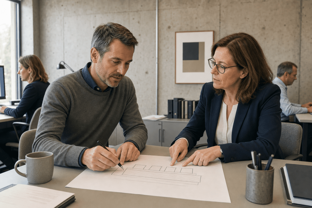 IT-Architekt und Geschäftsführung im Mittelstand skizzieren ein gemeinsames Datenfundament für mehrere KI-Anwendungen