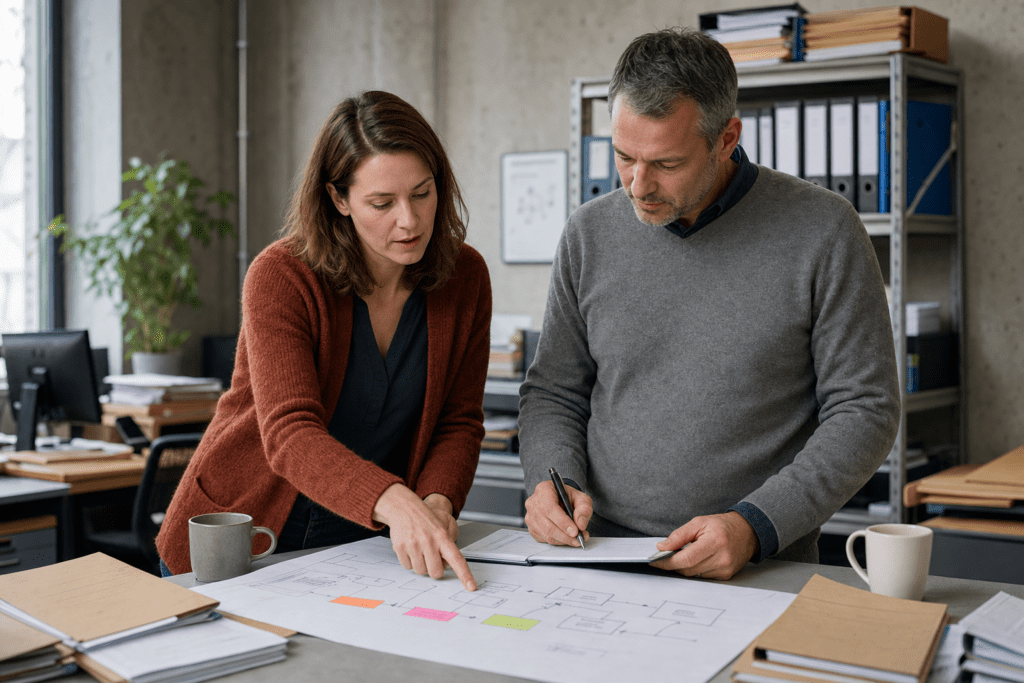 Team im Mittelstand sichtet Aktenordner und Prozessunterlagen, um Daten- und Prozesslücken vor einem KI-Projekt zu schließen