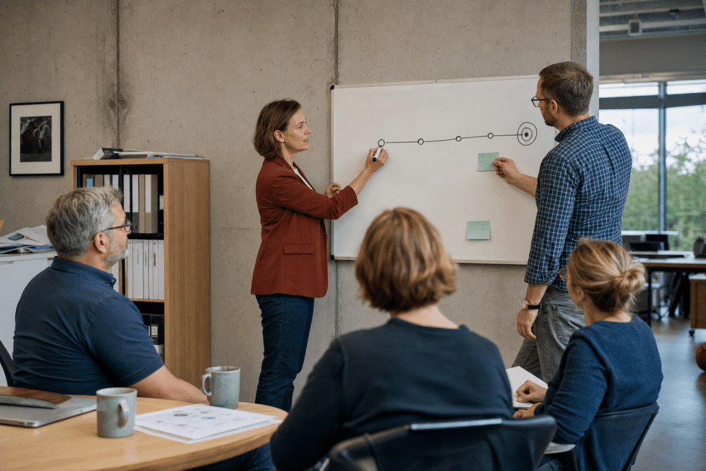 Team im Mittelstand leitet an einer Tafel aus einer KI-Vision ein Zielbild mit Meilensteinen ab
