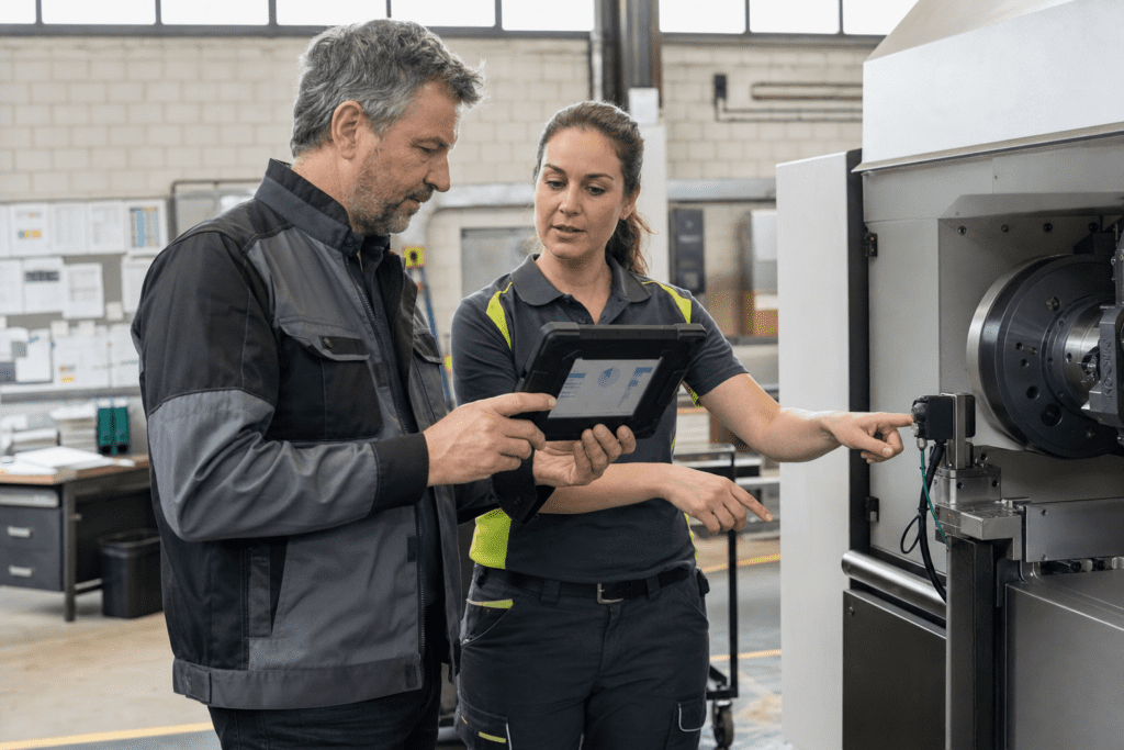Werkleiter und Instandhalterin im Industrie-Mittelstand prüfen an einer Maschine Daten für einen ersten KI-Anwendungsfall