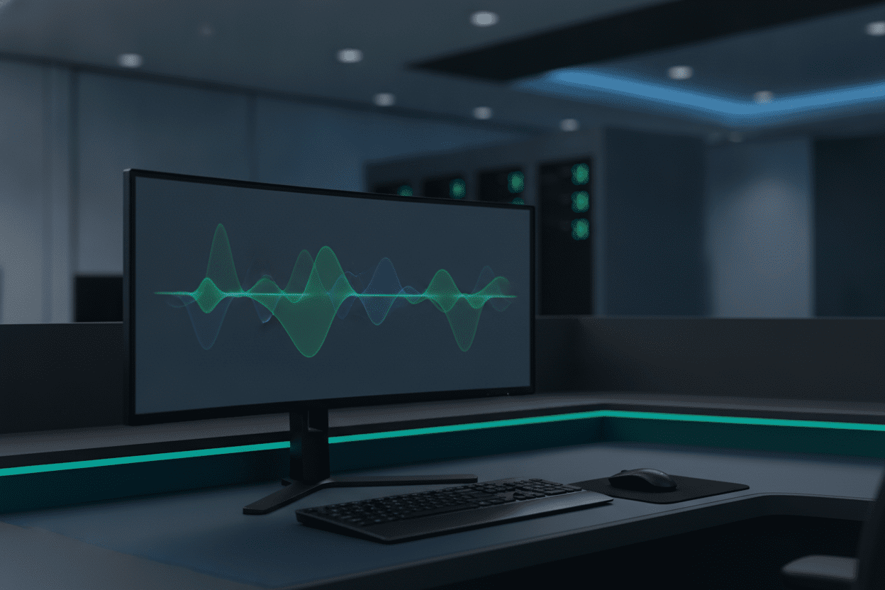 Ruhige Betriebsumgebung mit einem Monitor, der stabile Statusanzeigen für ein laufendes System zeigt