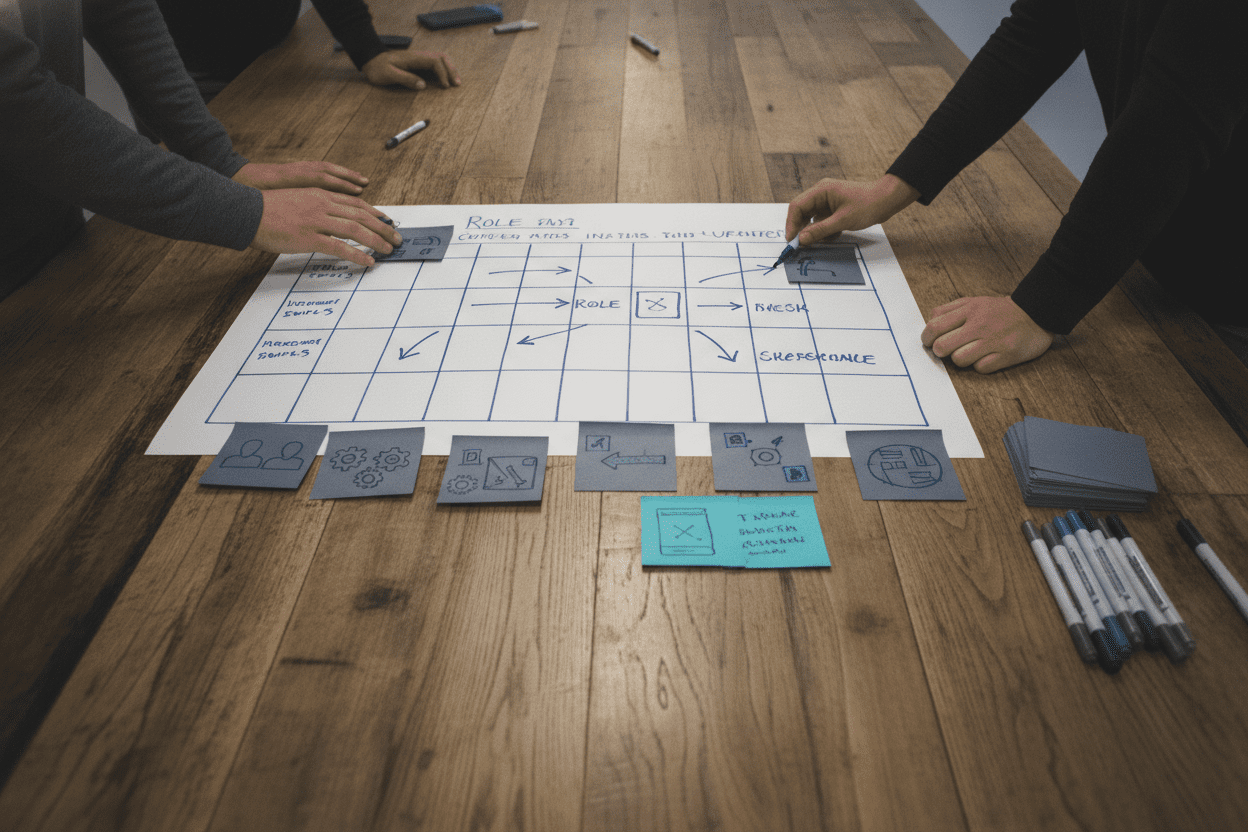 Planungsszene mit einer externen KI-Leitung, die das Rollenmodell gemeinsam mit dem Team aufbaut