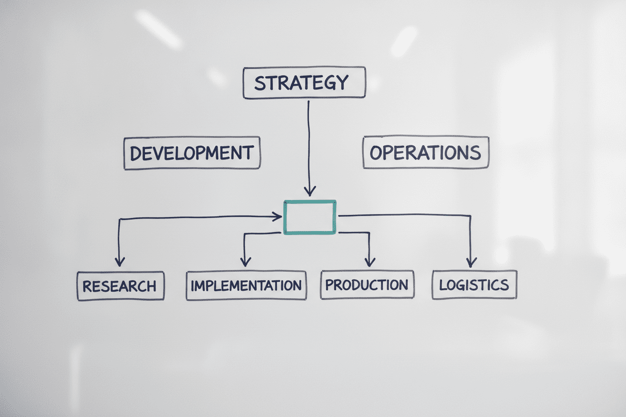Organisationsdiagramm mit klar benannten KI-Rollen auf einem Whiteboard