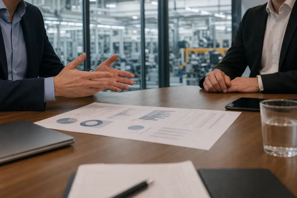 Besprechungsraum eines Automobilzulieferers, auf dem Tisch ein ausgedruckter Projektbericht mit Diagrammen, zwei Führungskräfte im Gespräch