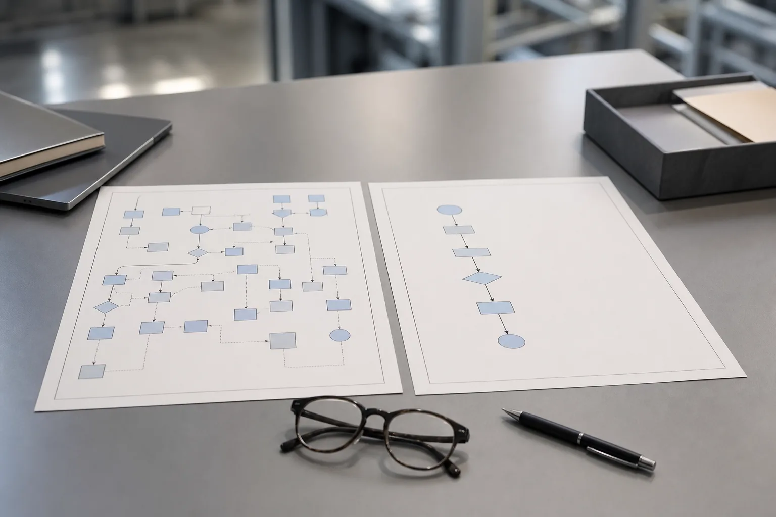 Schreibtisch mit zwei nebeneinanderliegenden Prozessdiagrammen auf Papier, eines mit vielen verstreuten Einzelschritten, eines mit einer durchgängigen Linie
