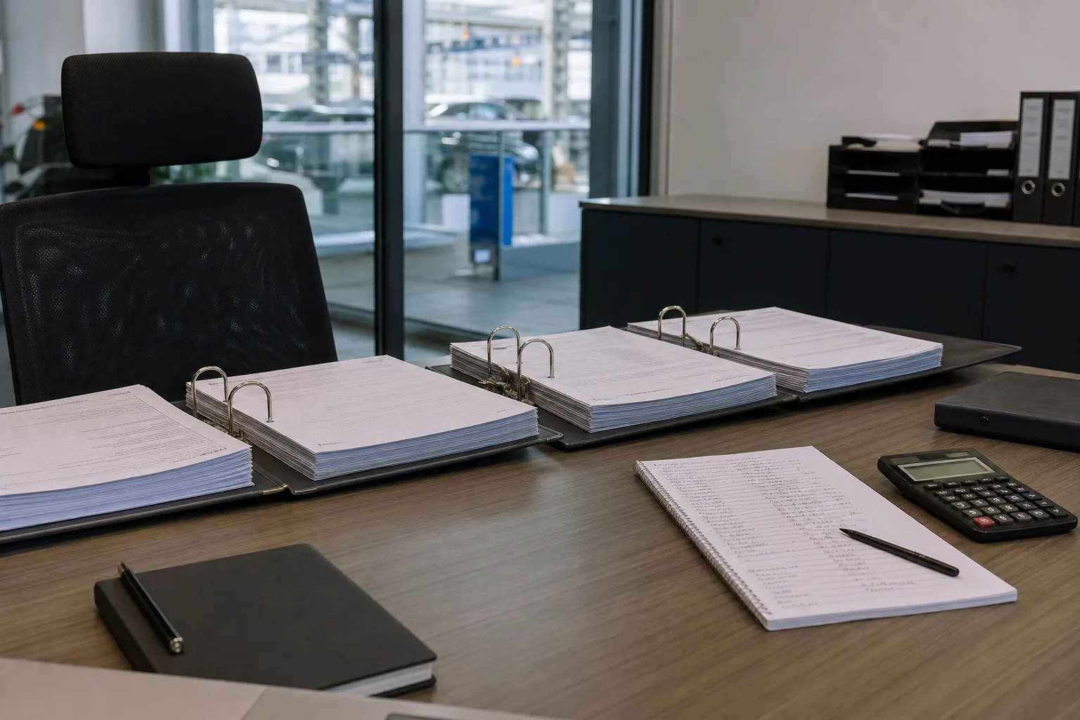Schreibtisch einer IT-Leitung mit mehreren geöffneten Vertragsordnern nebeneinander