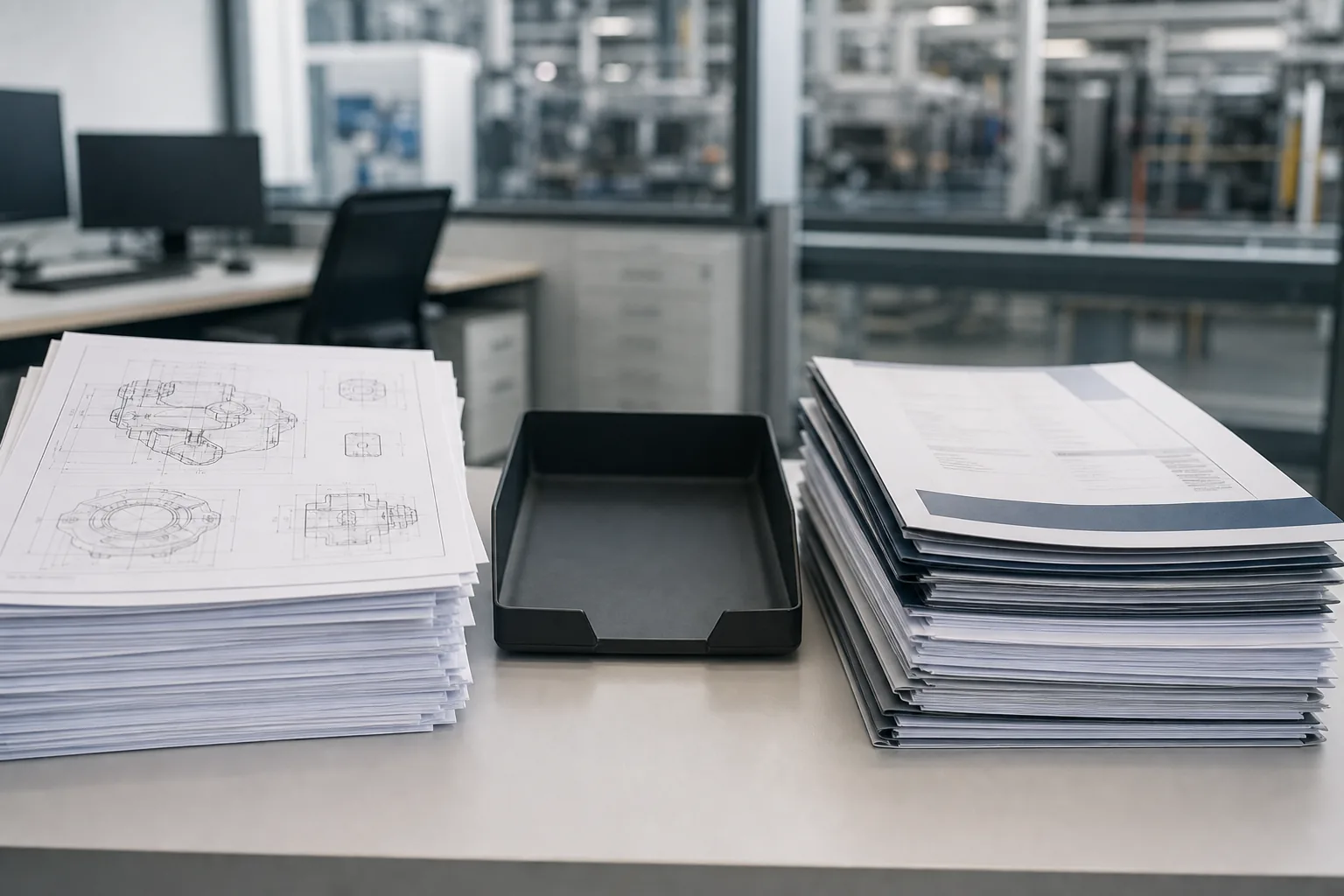 Schreibtisch mit zwei nebeneinanderliegenden Papierstapeln, links technische Zeichnungen einer Fahrzeugkomponente, rechts Angebotsmappen und Formulare
