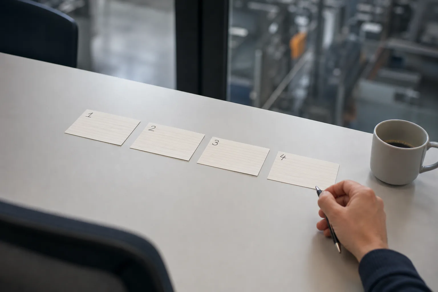 Vier nummerierte Karteikarten in einer Reihe auf einem hellen Besprechungstisch, daneben eine Hand mit Stift und eine Kaffeetasse