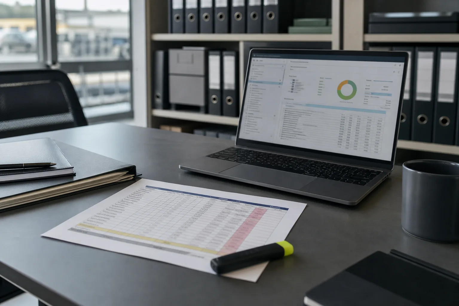 Schreibtisch einer IT-Leiterin mit ausgedruckter Nachweistabelle, daneben ein Textmarker und ein Laptop mit geöffneter Systemübersicht