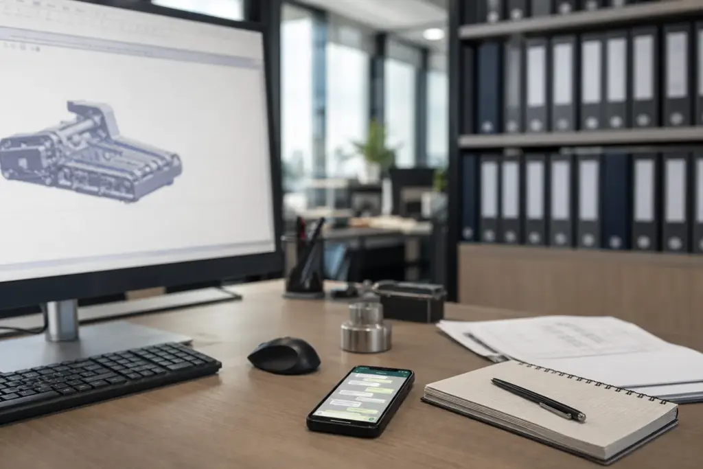 Schreibtisch in einem Zulieferer-Büro mit einem dienstlichen Bildschirm und einem privaten Smartphone daneben, auf dem ein Chatfenster geöffnet ist