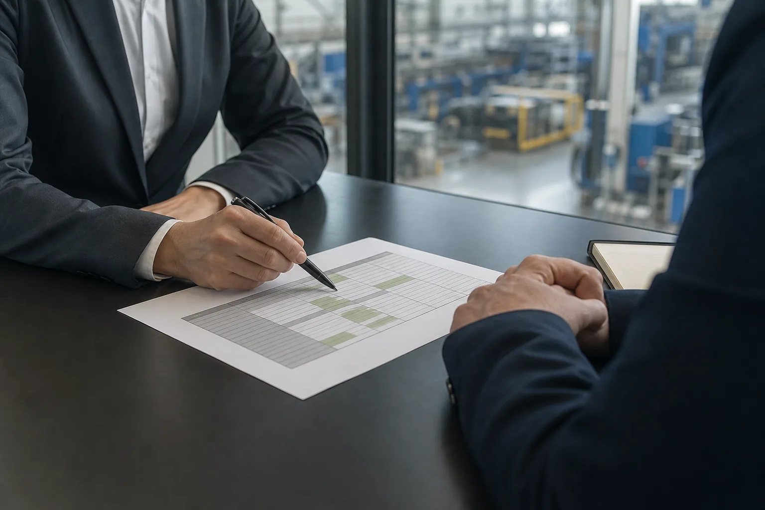 Zwei Führungskräfte an einem Besprechungstisch mit einer ausgedruckten Tabelle von Abteilungen und Datenarten, eine Person setzt Markierungen mit einem Stift