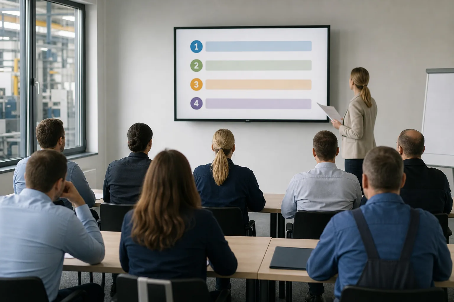 Schulungsraum eines Mittelständlers mit gemischter Gruppe aus Büro und Fertigung, an der Wand eine einfache Vier-Zeilen-Übersicht mit farbigen Stufen